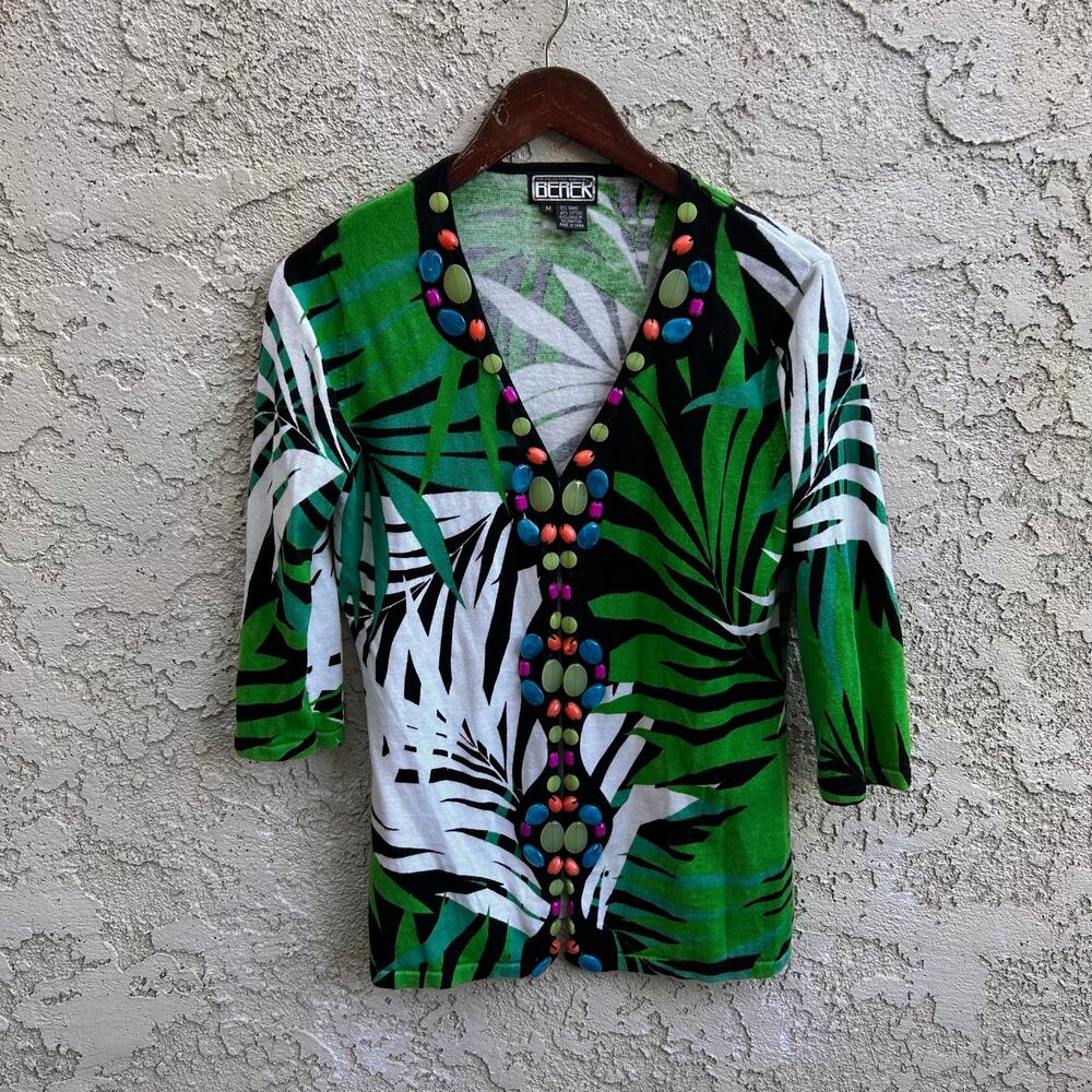 Berek Tropical Palm Beaded Cardigan Sweater Jeweled Statement M